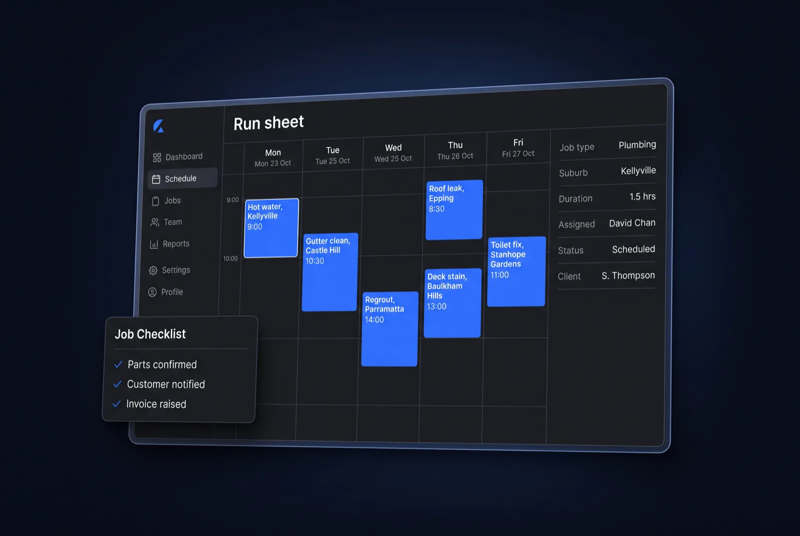 A bespoke run sheet showing a week of jobs by suburb, with a detail panel and a job checklist.
