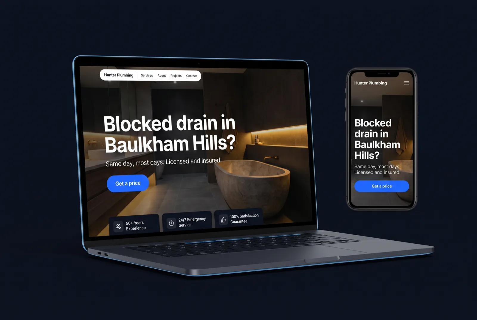 A plumbing company website shown on a laptop and a phone, with one headline, one price button and the same layout adapted for mobile.